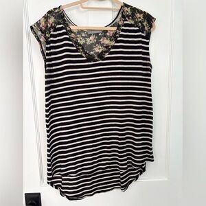 Loveappella Black and White Striped Top with Floral Detail